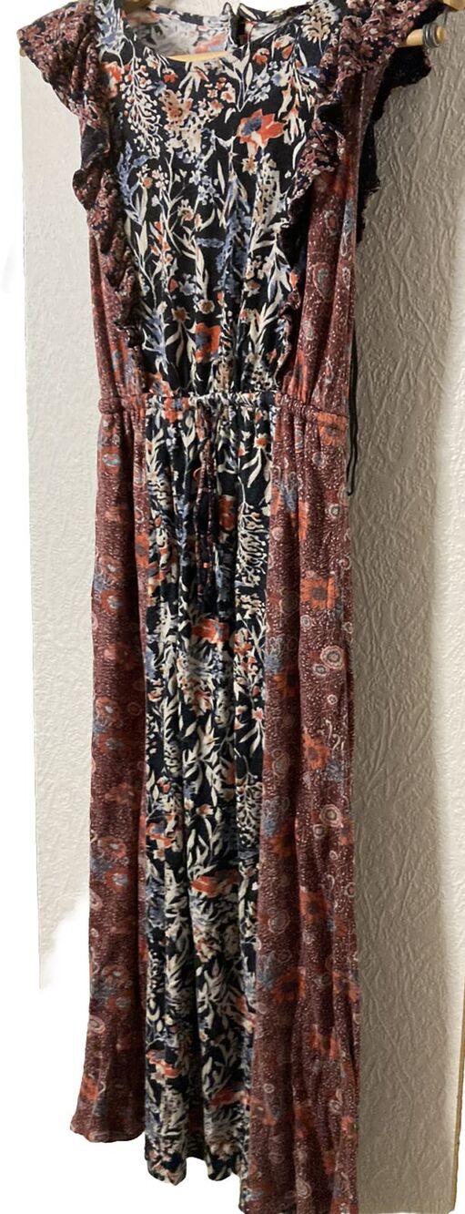 Lucky Brand dress Sz S Floral Boho Festival Summer Granola Soft Stretch Tassel